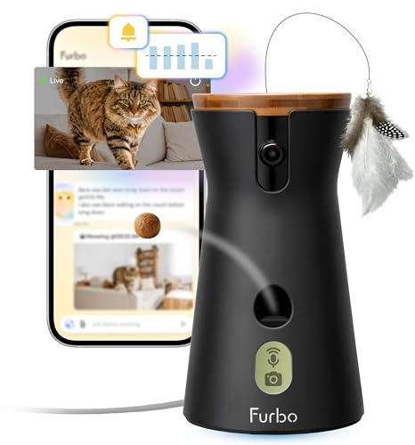 Furbo 360° Katzenkamera mit App [ABO beim Setup zur Aktivierung nötig] | 1080p-Katzenkamera mit Farbnachtsicht, 2-Wege-Audio & Miauen-Alarm – Leckerlis per App werfen, ideal bei Trennungsangst