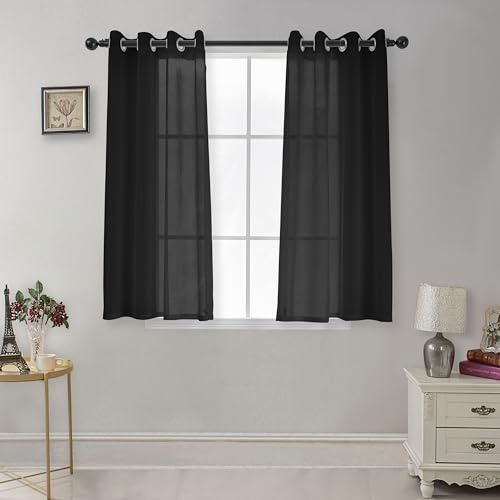 CUCRAF Transparente Gardinen mit Ösen - Wohnzimmer & Schlafzimmer, H145 x B140cm 2er Set Transluzente Vorhänge Schwarz, Unifarbene Pflegeleichte und Knitterfreie Vorhänge in Leinenoptik