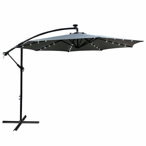 AKORD Sonnenschirm mit Kurbel Achteckig LED MILIN | 300x300x245 cm Ampelschirm | Neigungswinkel und Höhe Verstellbar | Kurbelschirm Marktschirm Wasserdicht | Gartenschirm UV-Schutz | Hellgrau