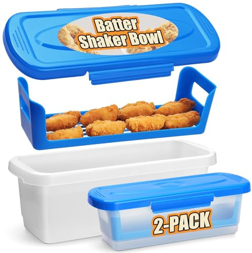 Batter Shaker Bowl with Lid - 2 Pack Mess Free Breading Flour Shaker Container with Breading Tray for Fried Chicken, Fried Fish, Onion rings and More
