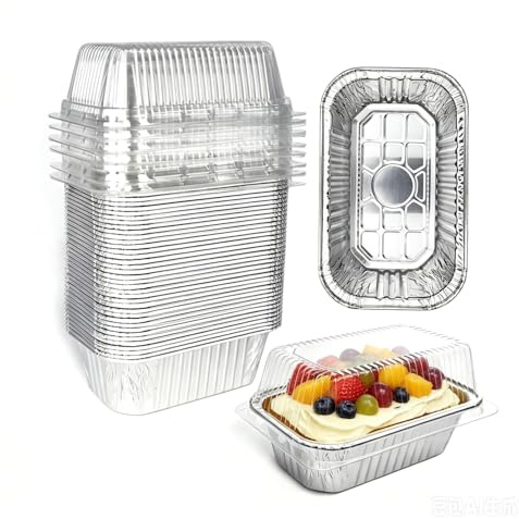 Disposable Mini Loaf Pans with Lids, 1lb Aluminum Baking Pan, 30 Pack | 6”x3.7”x2” Bread Pans with Plastic Lids, Rectangle Small Cake Pans, Perfect for Baking Banana Bread, Fruit Cake & Brownies