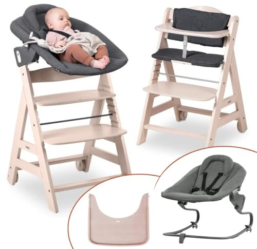 hauck Seggiolone Beta+ Newborn Set Premium da 0 Mesi - Seggiolone Legno Evolutivo, con Sdraietta Neonati (Dondolo Neonati), Cuscino Seduta, Vassoio - (Cintura a 5 punti, Whitewashed)