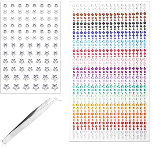 989stk Selbstklebende Gesichtsjuwelen, 3/4/5mm Runde Bunte Gesichtsedelsteine mit 6/8/10mm Silbernem Stern Augen-Strasssteinen Haar-Diamant-Aufklebern für Make-up Körper Nägel Frauen