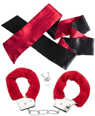 JIHUOO 2 Pcs Long Satin Blindfold and Plush Play Handcuffs Metal Handcuffs with 2 Keys Cosplay Costume Props for Cosplay Handcuffs Prop Dress Ball Party Red