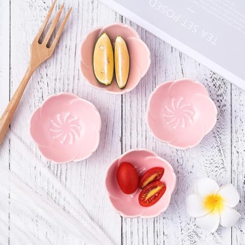 Set of 5 Cute Pink Cherry Blossom Ceramic Dishes – Stackable Bowls for Sauce, Seasoning, Sushi, Soy Dipping, Dessert, Appetisers – Premium Lead-Free Kitchen Serving Dish, Dishwasher & Microwave Safe