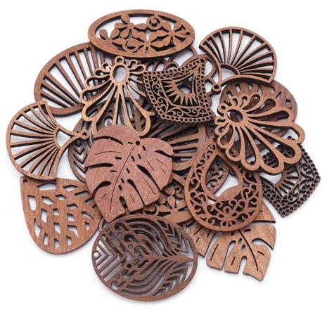 Spritewelry Kit de fabrication de 80 boucles d'oreilles en bois de noyer naturel découpé au laser avec coquillage ovale, feuille, larme, cerf-volant en filigrane, breloques en bois avec anneau ouvert