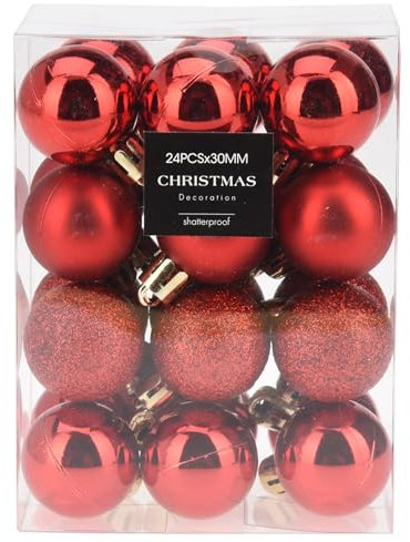 24 x Mini Baumkugeln Ø 3 cm zum Hängen - Bruchsicher -Baumschmuck Kunststoff für Innen und Außen - Kleine Christbaumkugeln (Rot (Glanz + matt + Glitzer))