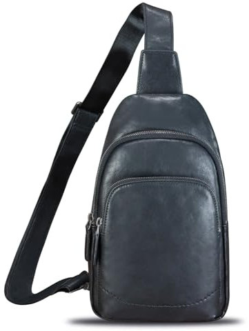 Schultertasche aus echtem Leder für Damen und Herren, Vintage-Stil, Geldbörse, Rucksack, Umhängetasche, Brusttasche, Schwarz, Medium