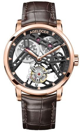 AGELOCER Tourbillon Watches Men, Original Ultra Thin Classic Style, Skeleton Manual Mechanical Watch, Leather Strap Mens Waterproof Dress Watch Gift