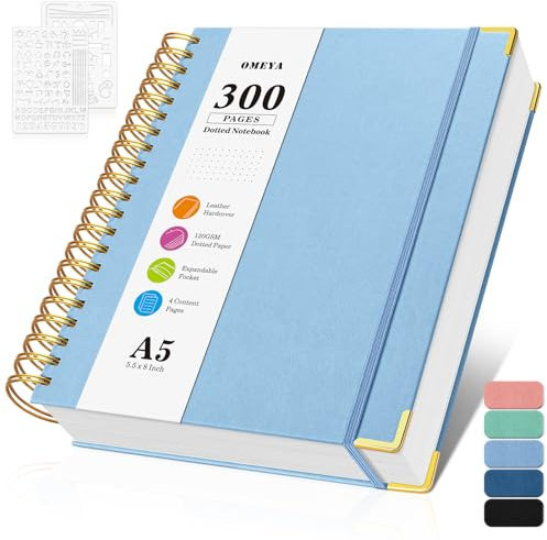 Carnet de notes à grille de points à spirales, 300 pages, carnets en cuir avec contenu, papier de 120 g/m² épais sans débordement, carnet à points A5 pour femmes et hommes, travail et écriture, 14 x