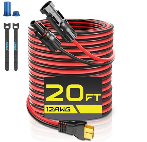 20FT 12AWG XT60 Solar Charging Cable, GIBBAB Solar Panel Connector to XT60 Extension Charge Adapter Cable with Caps & Wire Ties for LiFePO4 Battery RV Portable Power Station Ecoflow Generator