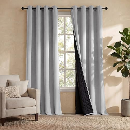 PONY DANCE 100% Blickdichte Vorhänge Wohnzimmer Thermovorhang 2er Set | H 210 x B 140 cm, Silbergrau, Hitzeschutz, Doppellagig, Ösenschal, Verdunklungsvorhänge, Dick, Schwer, für Schlafzimmer