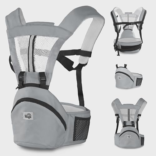 MiniHugs Marsupio Neonato Ergonomico - Marsupio Bambino Traspirante con Spalline Imbottite - Struttura Rinforzata e Tasca Porta Biberon (Grigio)