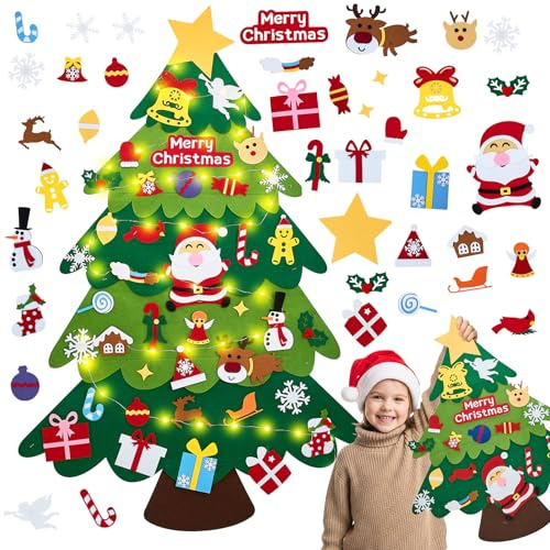 DazSpirit Albero di Natale in Feltro per Bambini da Parete con Luci LED, Kit Fai da Te con 39 Decorazioni in Feltro per Bambini, Albero di Natale Creativo per Adolescenti, Adatto a Porta e Parete