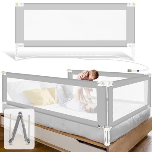 Jopassy Sänggaller, 180 cm, sänggaller, fallskydd, säng med U-formad bas, sängskydd, barnsängsgaller, justerbar höjd 68–95 cm, för barn och föräldrarsängar, grå