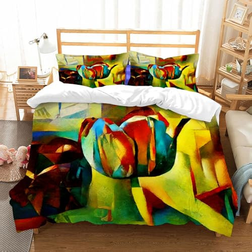 NIOYNJIS Bedding King Bedding Set - Down Duvet Cover, Soft Brush Microfiber Cover Set with 2 Pillowcases,Colorful Cubism Tulips on Flowerbed Bouquet. Beautiful Flowers. Abstract Paintin,178x208 cm