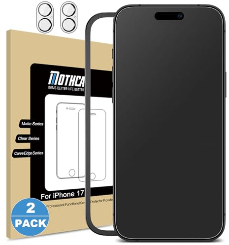 Mothca Mate Protector Pantalla para iPhone 17, 2x Mate Cristal Vidrio templado y 2x Protector Lente Cámara, Antirreflejos Antihuellas Ultra Resistente, 2+2 Unidades | Protector de pantalla mate con marco de montaje, protector de pantalla antirreflejos, tecnología nano grabada, antihuellas