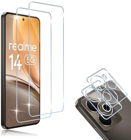 HidWee Compatible avec Realme 14 5G / Realme 14T Protection écran, 2 Pièces Verre Trempé + 2 Pièces Caméra Protecteur, 9H Dureté HD Sans Bulles Anti-rayure Protection Décran