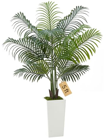 VEVOR Palmera Areca Artificial, Planta Tropical de Imitación con Maceta Alta Blanca, para Decoración de Hogar, Oficina, Sala de Estar, Inauguración de Casa, 900 x 800 x 1540 mm, PE, Verde, 1 ud