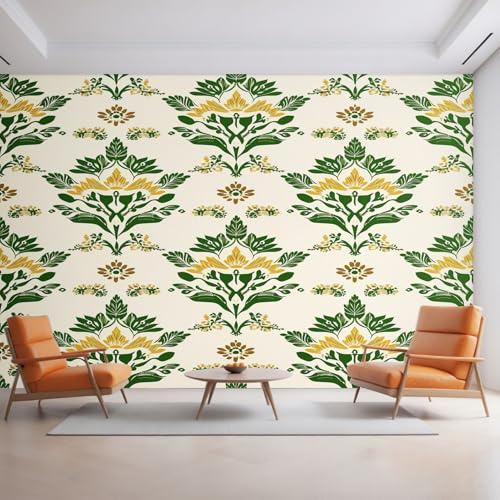 Genérico Papel Pintado Barroco 300X210cm, Papel Pintado Pared Vintage Floral Amarillo Verde Salon, Dormitorio, Oficina, Decorativos D32