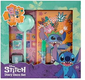 Disney Stitch | Diario | Diario Secreto | Cuaderno de colores con lentejuelas, pegamento, sello con tampón, pegatinas y bolígrafo con pompón, set de decoración +3 años