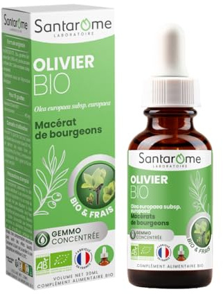SANTAROME Gemmo Olivier Bio - Mémoire & Concentration - 30 ml - France | Bourgeon d'Olivier bio, frais & cueilli à la main en France - Soutient la concentration - 15 gouttes/jour pures ou diluées