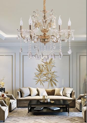 TEKHOME Lampadario Sospeso a 6 Luci Stile Candela con Cristalli e Struttura Dorata, Design Classico ed Elegante, Attacco E14 40W, per Sale da Pranzo e Soggiorni, 65cm, Oro (Senza Lampadine) A18-O