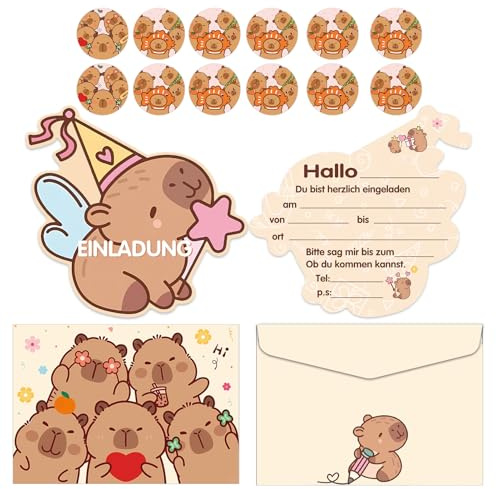 Huahuanghui 12× Capybara Einladungskarten Geburtstag mit Umschläge | Einladungskarten geburtstag Mädchen Junge, Einladung zum Geburtstag für party, Geburtstagsfeiern