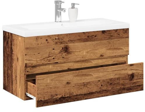 Qnhdfrt Armadietto da bagno con vasca da incasso, in legno antico, 90 x 38,5 x 45 cm, robusto materiale in legno, molto spazio, montaggio a parete, moderno mobile da bagno per piccoli bagni, WC per