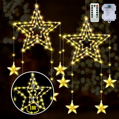 2 Stück Weihnachtsstern Beleuchtet mit Timer&8 Modi,LED Fensterdeko Weihnachten,Weihnachtsdeko 3 In 1 Leuchtstern für Innen Außen Warmweißen(Batteriebetrieben)