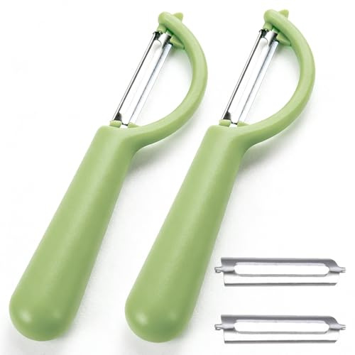 Ousuwo Juego de 2 peladores de acero inoxidable con 2 cuchillas de repuesto, pelador multifuncional de frutas y verduras para pelar patatas, caña de azúcar y más sin esfuerzo