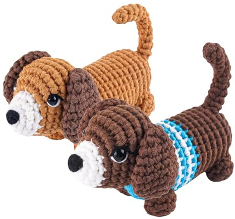 PORUPAEL Häkelset Für Anfänger Hund Häkeln Tier Kit Mit Garn Haken Nadeln Und Schritt-Für-Schritt-Video DIY Häkel Zubehör Bastelset Für Kinder Und Erwachsene (Dackel)