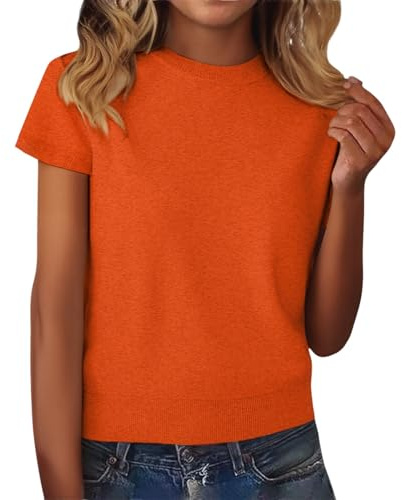PODOLIXIA Jersey para mujer, manga corta, cuello redondo, jersey de verano, jersey de punto básico, jersey de verano, otoño, jersey de punto fino, camiseta monocolor, informal, manga corta