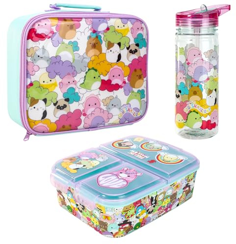Squishmallows Kids Childrens Lunch Box Set – Insulated Lunch Bag, Multicompartment Lunch Box & 580ml Water Bottle - School Travel Lunch Food Set, BPA Free