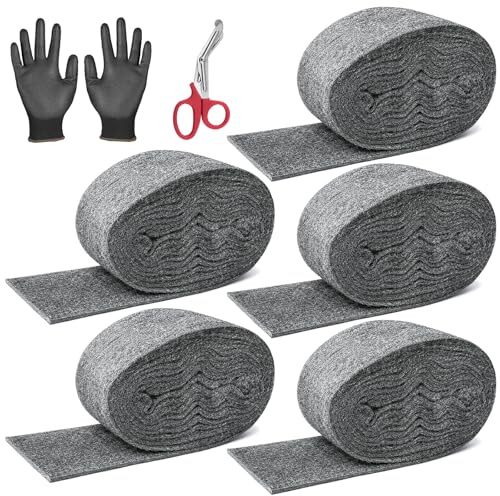 5 Pack Steel Wool Mice, 15 Meter 0000 Steel Wool Coarse Wire Gaps Blocker with Gloves & Scissors, for Cleaning, Keeps Mice & Rodents Away, Removing Paint, Varnish