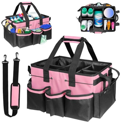 Cleaning Caddy Bag, Large Professional Organiser for Cleaning Supplies with Detachable Dividers & Adjustable Strap, Carry-On Cleaning Tote Bag for Cleaners & Housekeepers, Home, Car, Garden (Pink)