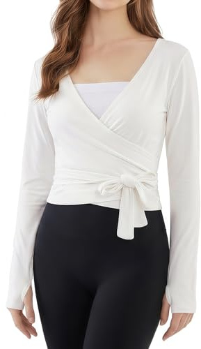Baisdan Top da Pilates Donna Avvolgente Maniche Lunghe, Top Yoga Balletto Scollo a V Profondo Allacciatura con Nodo Frontale, Maglia Activewear Palestra Allenamento Stile Y2K Bianco L