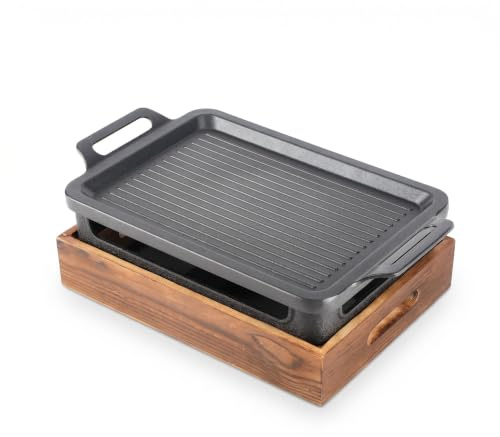 FAUOSWUK Parrilla de Mesa para Barbacoa, Estufa de Alcohol Portátil con Parrilla Extraíble y Base de Madera, para Interior y Exterior, Hogar, Camping, Picnic