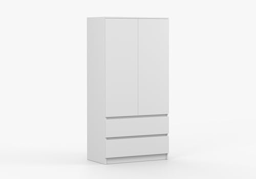 Fabryka Mebli Idźczak Drehtürenschrank 90 cm breit Weiß, 2 Türen 2 Schubladen, Einlegeböden & Kleiderstange, 16 mm Laminatplatte, ABS-Kanten, Schlafzimmer Kinderzimmer