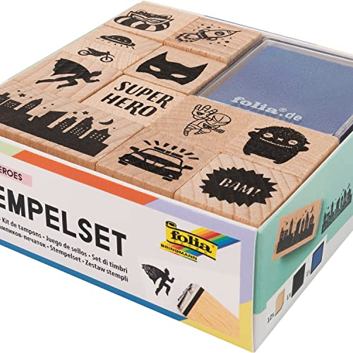 folia 31103 – Superheroes trästämpelset, inklusive 12 trästämplar och 2 stämpelkuddar – perfekt för att dekorera kort, vänskapsböcker, bokstäver och scrapbooking