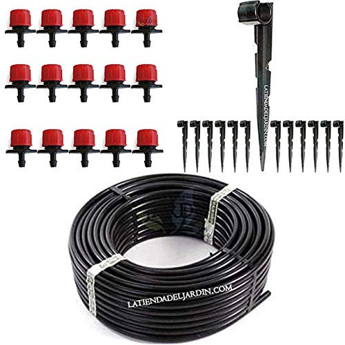 Suinga - Pack Tuyau d'égouttement, 16 mm x 100 m + 100 piquets de fixation + 100 goutteurs réglables rouges de 0 à 70 l/h. Recommandé pour le jardinage et l'agriculture.