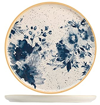 H&H Piatto Piano Indigo – Ø 27 cm, Stoneware Decorato Beige e Blu – Elegante e Resistente, Ideale per Uso Quotidiano e Occasioni Speciali, Lavabile in Lavastoviglie e Microonde