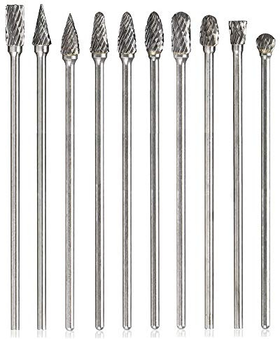 Mesee Ensemble 10pcs Fraises Rotatives Double Coupe de Tungstène Burres Kit Foret Mèche Lime Rotative Tige 1/8 Fichier Fraise en Carbure à Meulage Polissage Gravure Perçage pour Outil Rotatif