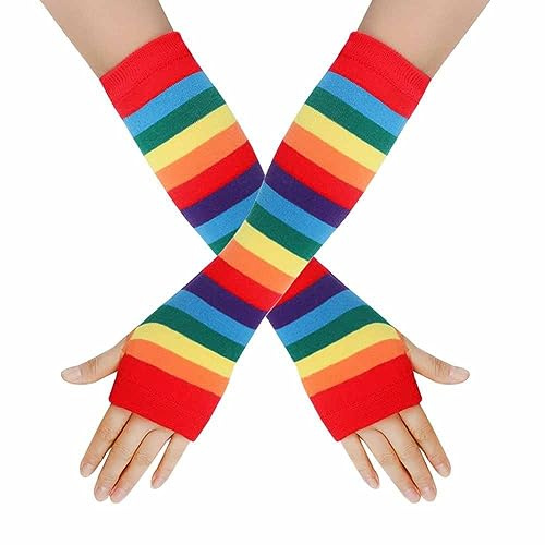 SHTGOI 2 Paar Regenbogen Handschuhe Gestreifte Fingerlose Handschuhe Lange Bunte Strickhandschuhe Sonnencreme Armmanschette Baumwolle Hohe Beinwärmer für Punk Rock Cosplay Weihnachtsfeier Rot#