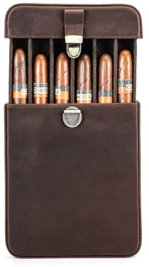 Hiram - Étui à cigares en cuir véritable avec humidificateur portable multifonctionnel pour voyage - Boîte à cigares avec poche de rangement pour tabac et pipe pour hommes, For 6 Cigars