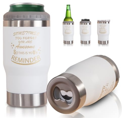 Raffredda bottiglie - Porta Birra 4 in 1 e Apriscatole - Per Birra e Bibite regalo di apprezzamento per uomini, colleghi, fratelli, amici, insegnanti (bianco)