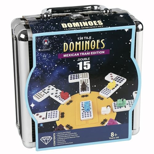 Doublefan Mexikanisches Zug-Domino-Set Doppel 15 - Nabe und Steinhalter aus Holz - Doppel 15 mit Punkten Coloured Dots,136 Domino Pieces (2-10 Players)