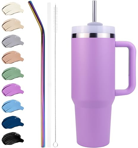 Disoza Termomugg 40 Oz Dricksmugg Med Lock Och Sugrör 1,2 l Kaffemugg Att Gå Kaffemugg Med Sugrör Rostfritt Stål Tumbler Kopp Lila Dricksflaska Med Sugrör Vattenflaska Med Handtag