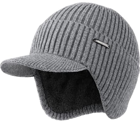 Wmcaps Winter Beanie with Brim and Ear Flaps, Outdoor Warm Fleece Lined Knit Hat Stocking Caps for Men Women Grey
