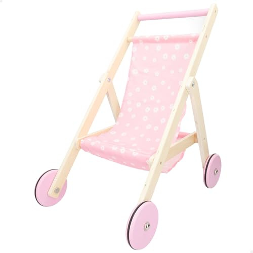 WOOMAX Barnvagn leksaker, barnvagn dockor 36 cm trä, rosa med tusenskönor, 33 x 51 x 44 cm, för flicka 2 år, promenadstolar, dockbärare, stol (33049)